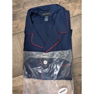NOS Diplomat Vintage Mens L Tall Pajama Set Blue Red Cotton Button Front